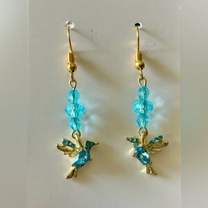 Elegant Handmade Gold and Blue Hummingbird Earrings